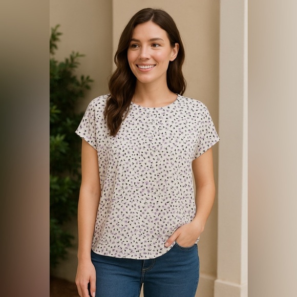 Halogen Floral Print Cap Sleeve Loose Fit Blouse - Spring Summer Office - Large - Picture 1 of 12